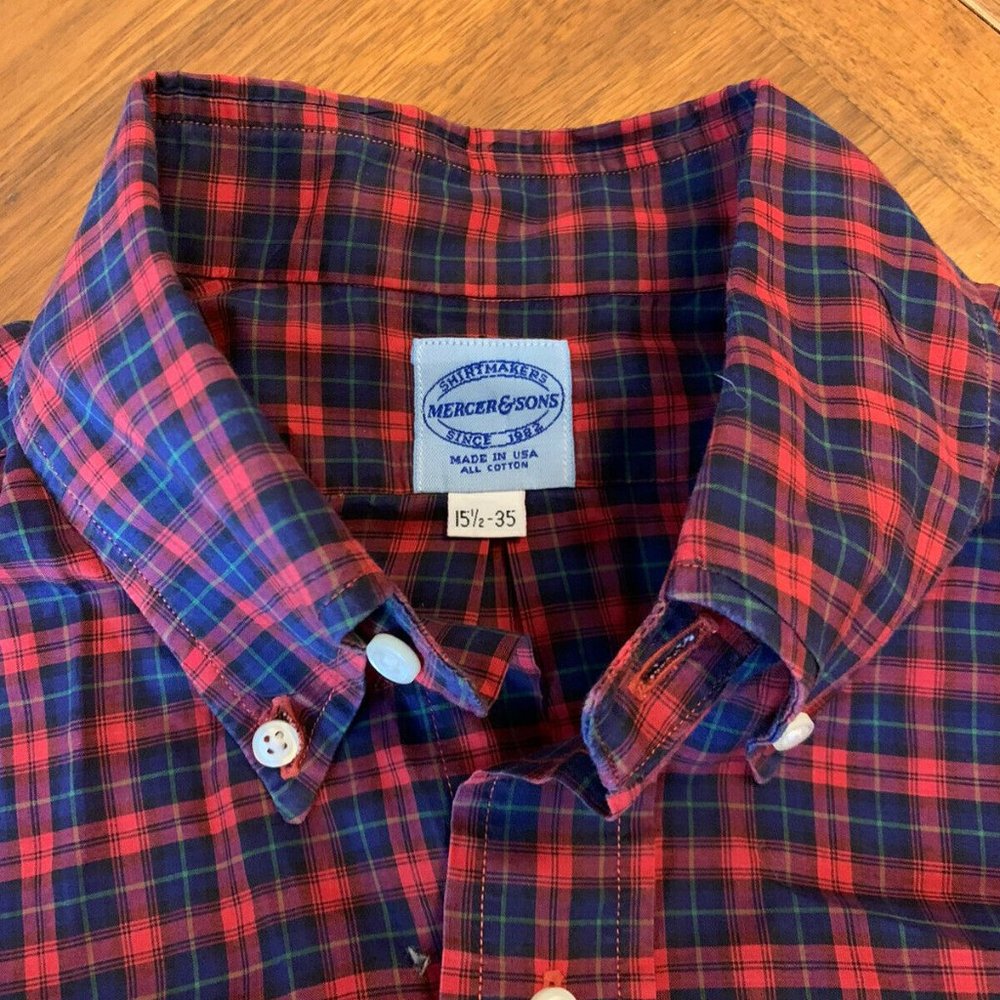 MERCER & SONS USA Pinpoint Tartan Red and Navy Oxford Check Shirt, 15.5 x 35 - Picture 6 of 10